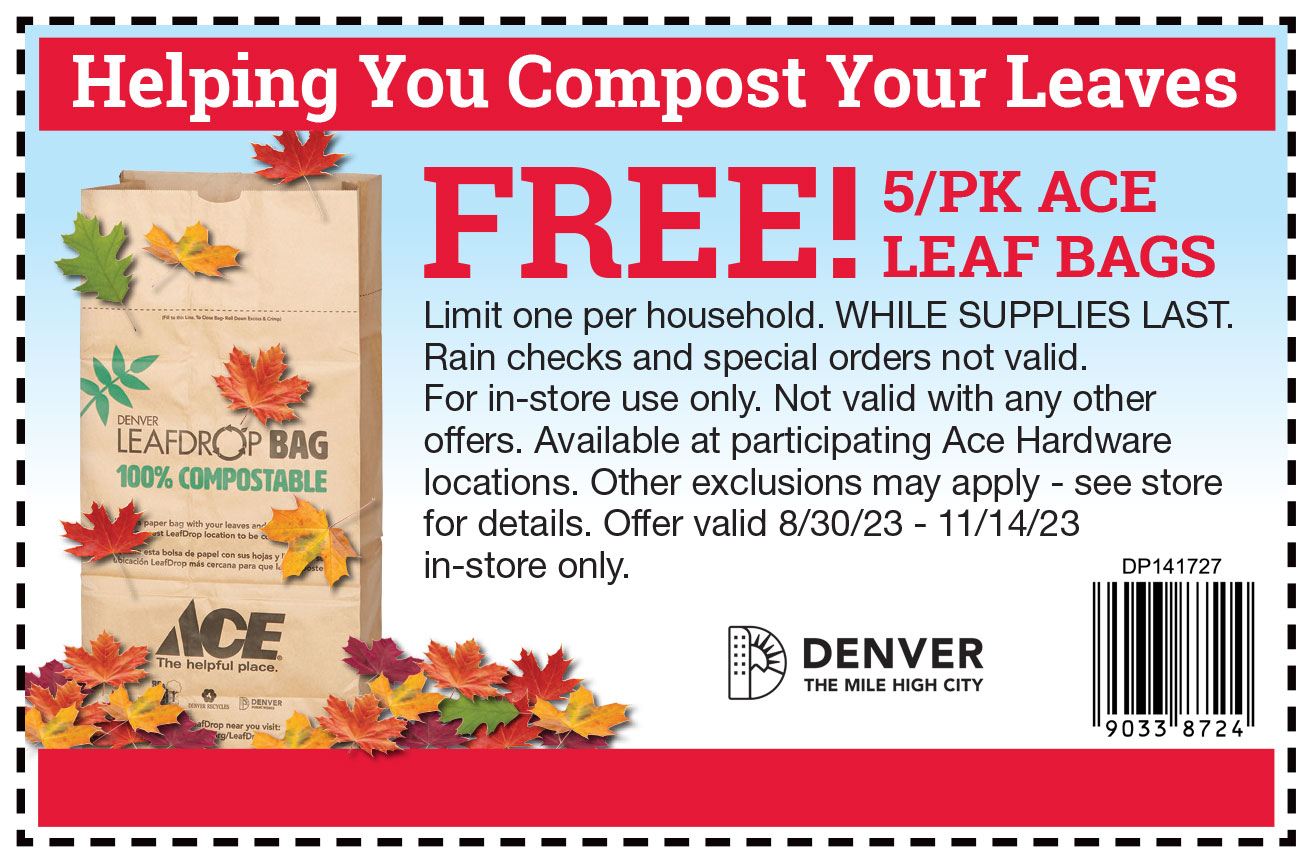 LeafDrop coupon for a free 5-pack of leaf bags at Ace Hardware