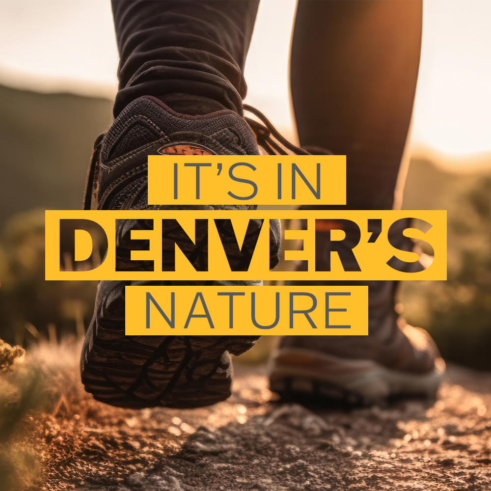 Photo of hiking boots walking away with 'It's In Denver's Nature' sticker floating on top