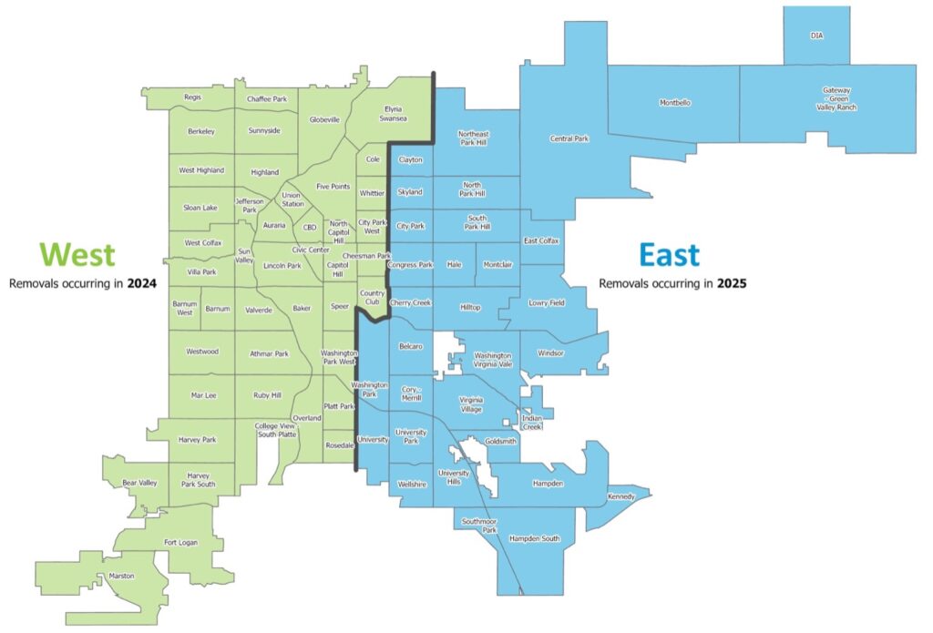 Map of Denver divided into East and West suburbs.