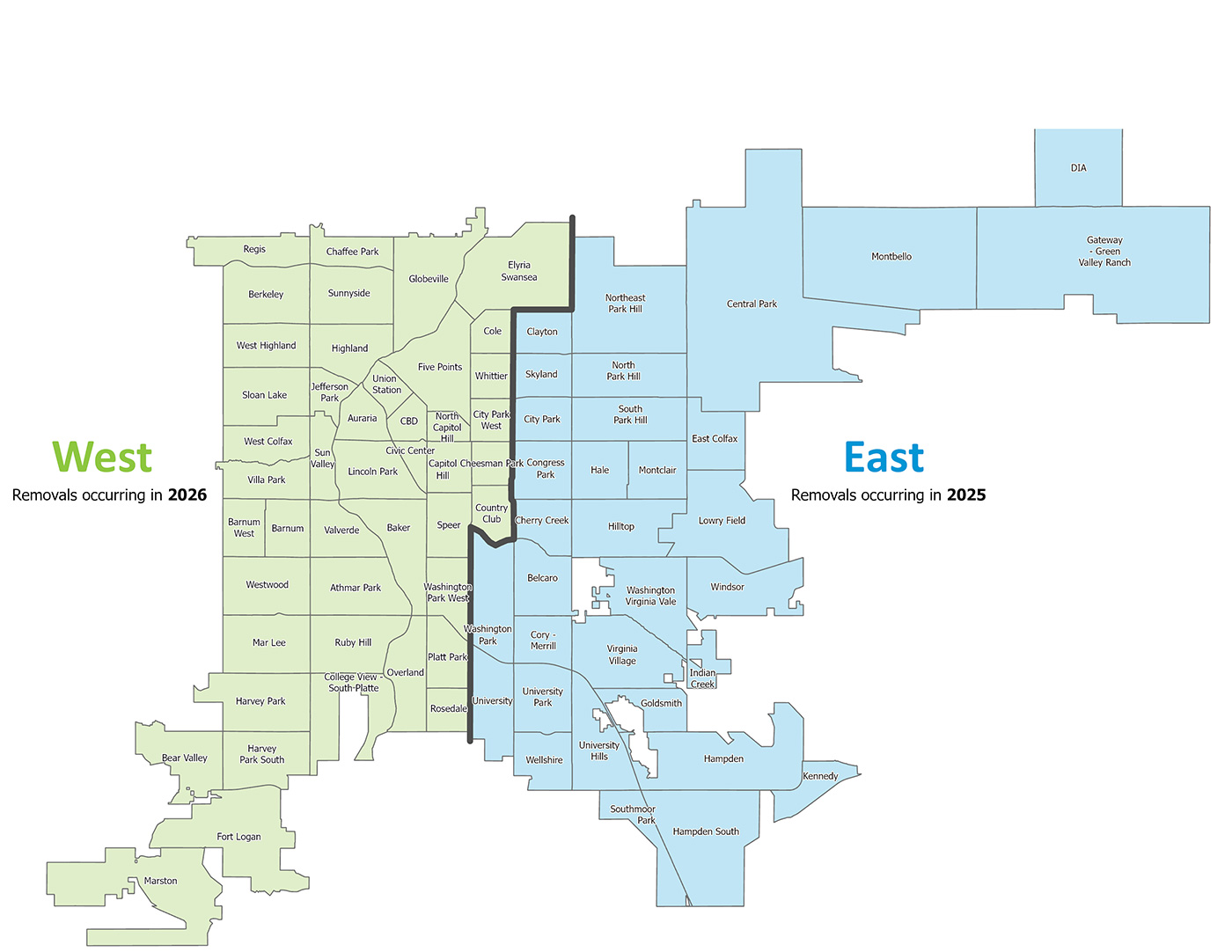 A map showing where the Denver ash tree remove and replace team will operate in 2025 and 2026